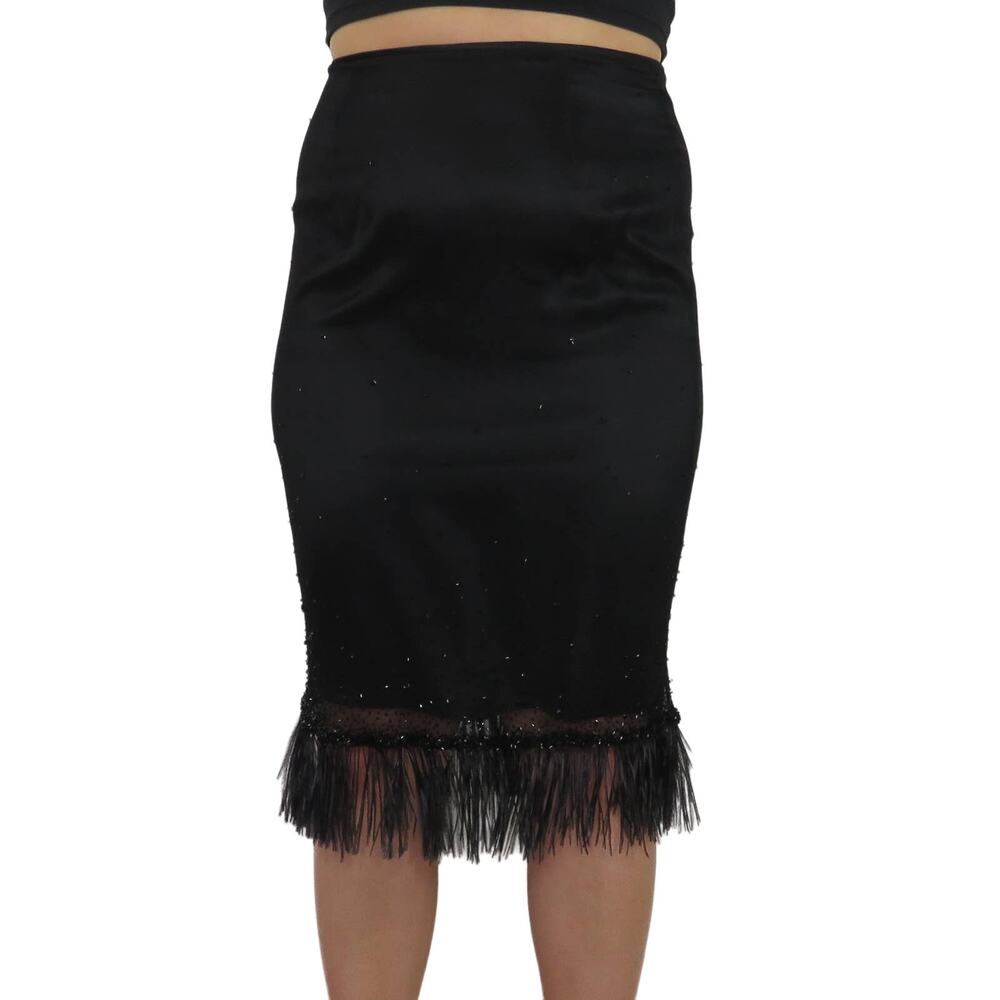 90s Vintage Tahari Black Frayed Tassel Midi Skirt Pencil Skirt with Sequins 29" - Picture 2 of 8